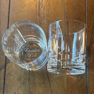 RARE PAIR CANADIAN CLUB EMBOSSED BOTTOM CUT GLASS WHISKY ROCK GLASSES